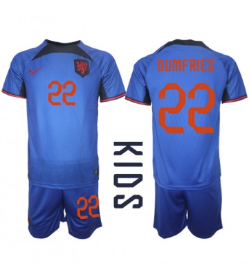 Nederland Denzel Dumfries #22 Bortedraktsett Barn VM 2022 Kortermet (+ Korte bukser)